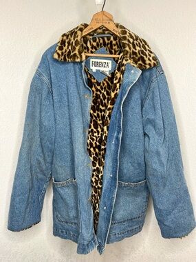 Vintage Forenza Denim Cheetah Fur Lined Jacket Women’s Size Large Long Coat